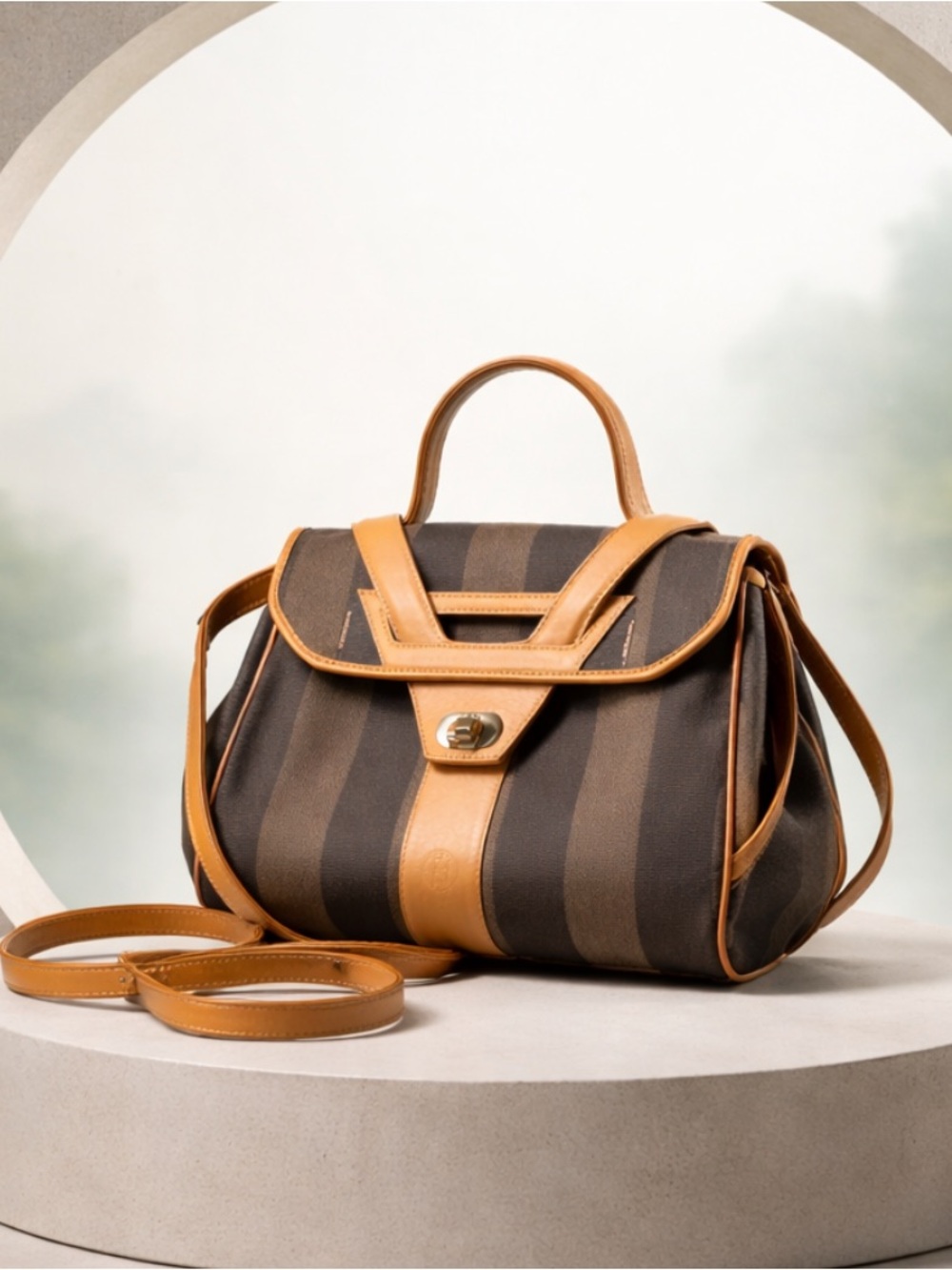 Fendi Pequin Black & Tan Striped Handbag/Crossbody Bag with Leather Trim.